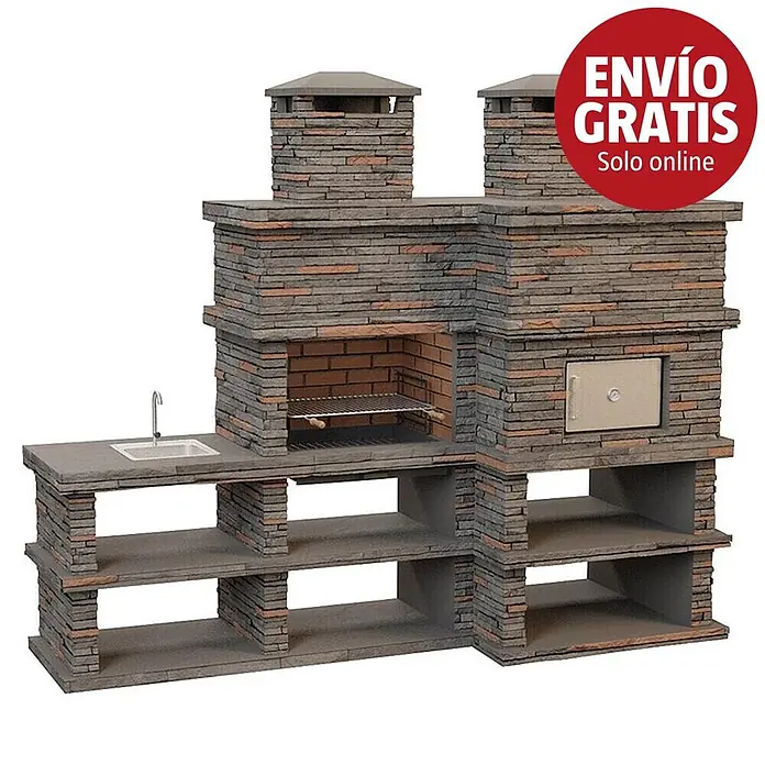 Sotnas Barbacoa con horno Londres - Gris, An x Pr x Al: 286 x 98 x 245 cm, Derecha - Cocina exterior de imitación piedra con parrilla, fregadero, horno y estantes de almacenamiento integrados.