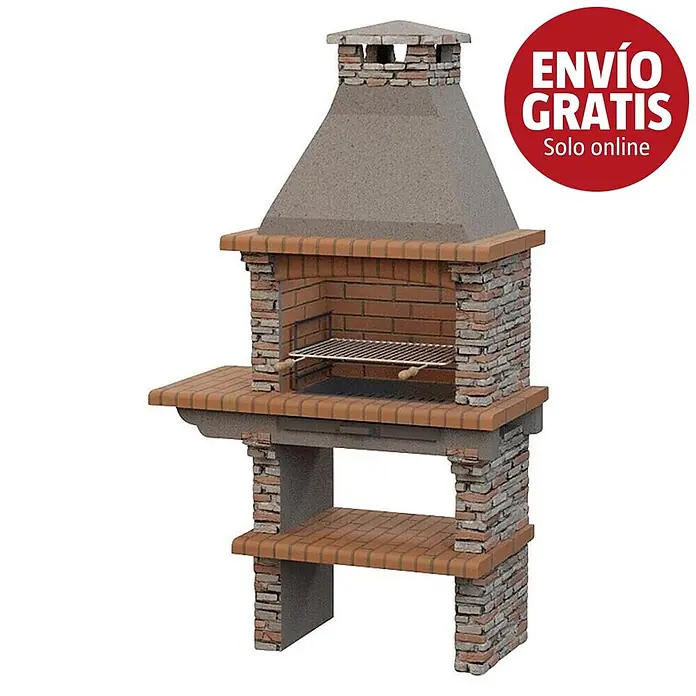 Sotnas Barbacoa de obra Paris - Gris, An x Pr x Al: 126 x 60 x 221 cm, Superficie parrilla: 60 x 38 cm, Izquierda - Una barbacoa de ladrillo tradicional con chimenea de hormigón y estantes laterales, con parrilla metálica.
