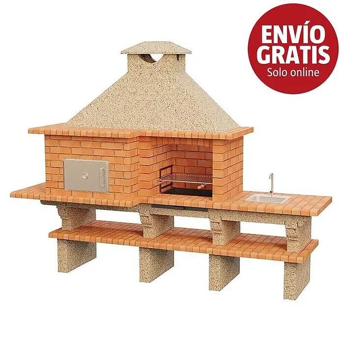 Sotnas Barbacoa con horno Roma - Crema/Ladrillo, An x Pr x Al: 304 x 96 x 236 cm, Superficie parrilla: 60 x 38 cm, Izquierda/Cemento - Barbacoa de obra de ladrillo rojo con campana de piedra beige, horno, parrilla, fregadero y estantes inferiores.