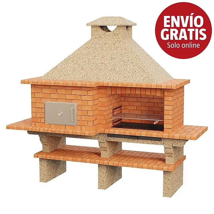 Sotnas Barbacoa con horno Roma - Crema/Ladrillo, An x Pr x Al: 266 x 96 x 238 cm, Superficie parrilla: 78 x 48 cm, Izquierda/Cemento - Barbacoa de ladrillo rojo, campana color arena, horno y estantes inferiores. Círculo rojo arriba a la derecha: 'ENVÍO GRATIS Solo online'.