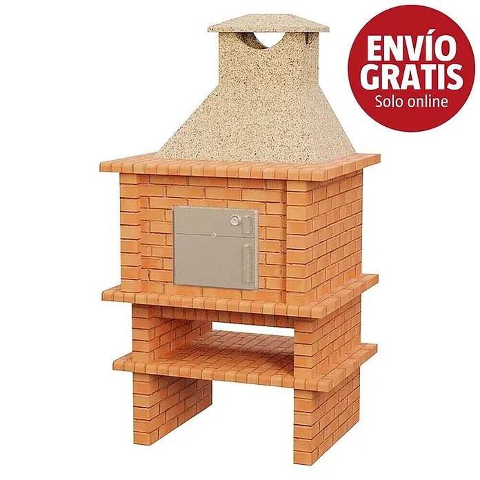 Sotnas Horno de piedra Roma - An x Pr x Al: 127 x 108 x 243 cm, Cemento de aluminato de calcio - Horno-barbacoa de ladrillo con chimenea clara, puerta metálica y dos estantes inferiores.