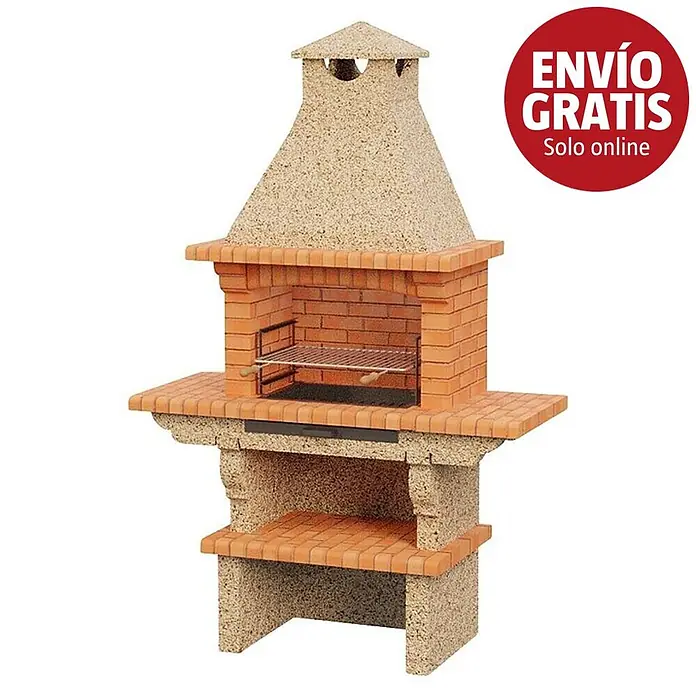 Sotnas Barbacoa de obra Barcelos doble mesa - Crema/Ladrillo, An x Pr x Al: 146 x 60 x 215 cm, Superficie parrilla: 60 x 38 cm, Acabado Ladrillo - Barbacoa de ladrillo y hormigón para exteriores con chimenea, parrilla y estantes de almacenamiento.