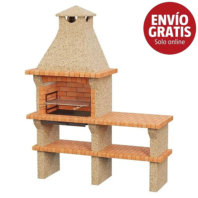 Sotnas Barbacoa de obra Barcelos con mesa - Crema/Ladrillo, An x Pr x Al: 170 x 60 x 217 cm, Superficie parrilla: 60 x 38 cm, Derecha sin fregadero - Barbacoa de obra de ladrillo y hormigón con chimenea y estantes laterales.