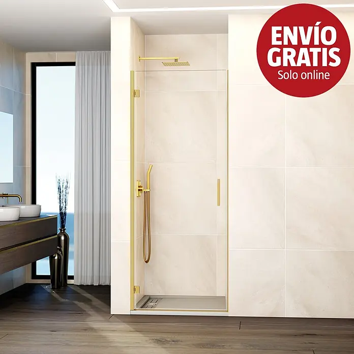 GME Mampara de ducha frontal Glass A - 65 x 195 cm, Espesor de vidrio: 6 mm, Oro - Mampara de ducha de cristal con marco dorado y rociador y ducha de mano a juego en un baño moderno.