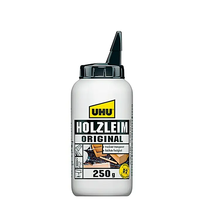 UHU Holzleim Original - 250 g, Lösemittelfrei - Bild einer 250g-Flasche UHU Holzleim Original, ein starker Holzleim für transparente und hochfeste Verklebungen im Innenbereich.