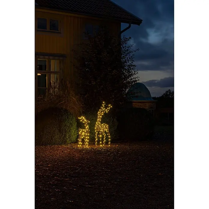 Konstsmide LED-Weihnachtsdekofigur Rentier - B x H: 80 x 130 cm, Braun, Warmweiß, LED - Zwei beleuchtete Rentierfiguren, eine größere und eine kleinere, leuchten nachts mit warmem Licht im Freien.