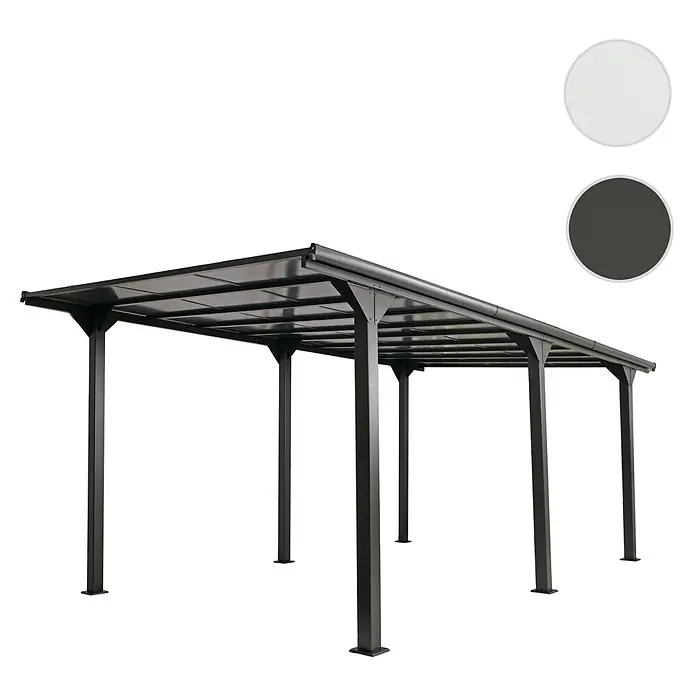 Alu-Carport 249x604x316cm 10cm-Gestell Polycarbonat-Dach 3x6m Weiß -  - Dunkelgrauer Metall-Carport mit durchscheinendem Dach, von mehreren Pfosten getragen.