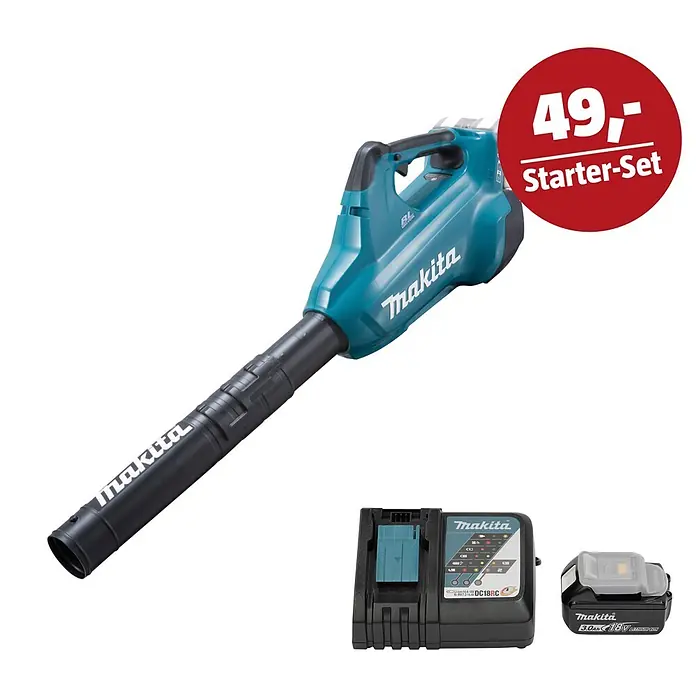 Makita LXT 18V Maschinen-Set - Akku-Laubbläser DUB362Z, Ladegerät & 3 Ah Akku - Makita Laubbläser in Türkis und Schwarz mit Ladegerät und 18V Akku, als 49,- Starter-Set.