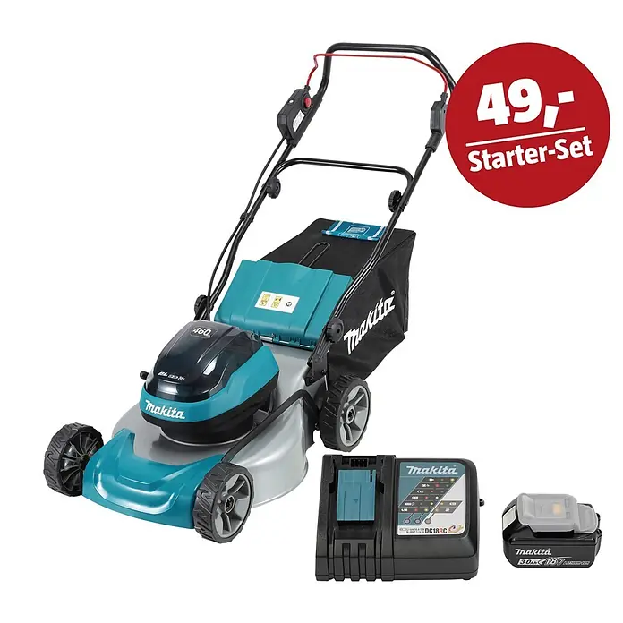 Makita LXT 18V Maschinen-Set - Akku-Rasenmäher DLM466Z, Ladegerät & 3 Ah Akku - Makita Akku-Rasenmäher in Türkis und Schwarz, mit Akku und Ladegerät als Starter-Set. Rotes Preisschild zeigt "49,- Starter-Set".