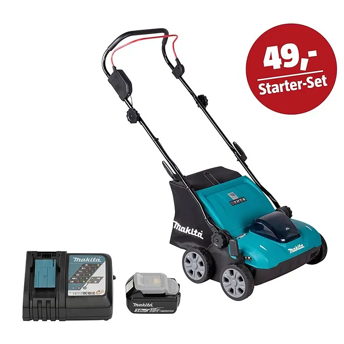 Makita LXT 18V Maschinen-Set - Akku-Vertikutierer DUV320Z, Ladegerät & 3 Ah Akku - Makita Akku-Rasenmäher Starter-Set mit blaugrünem Mäher, schwarzem Ladegerät und Akku.