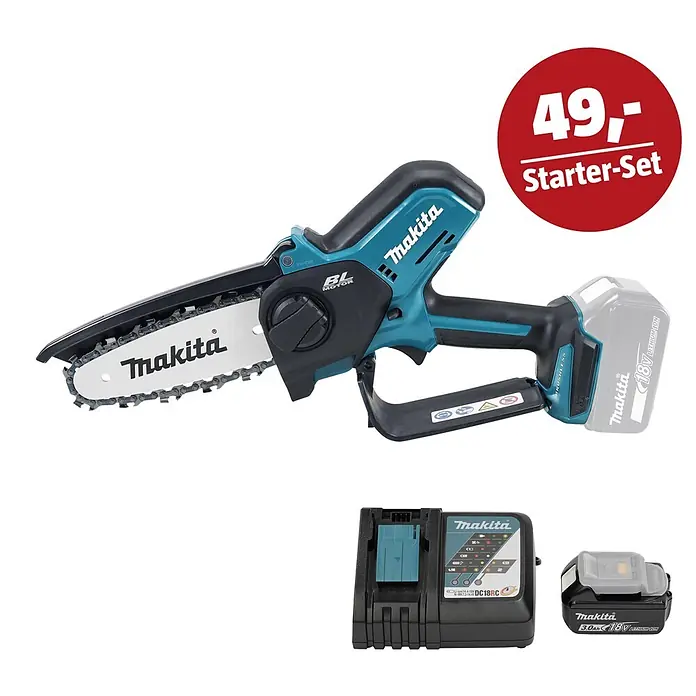 Makita LXT 18V Maschinen-Set - Akku-Astsäge DUC150Z, Ladegerät & 3 Ah Akku - Türkis-schwarze Makita Mini-Kettensäge, Akku, Ladegerät und rotes '49,- Starter-Set' Preisschild.
