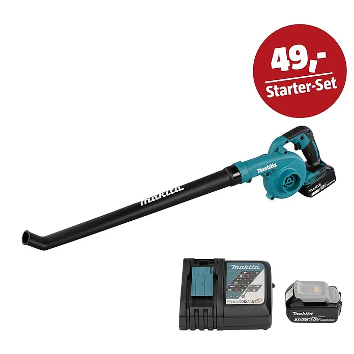 Makita LXT 18V Maschinen-Set - Akku-Gebläse DUB186SFX1, Ladegerät & 3 Ah Akku - Makita Akku-Gebläse, Ladegerät und 18V Akku-Pack in Türkis und Schwarz, mit '49,- Starter-Set' Aufkleber.