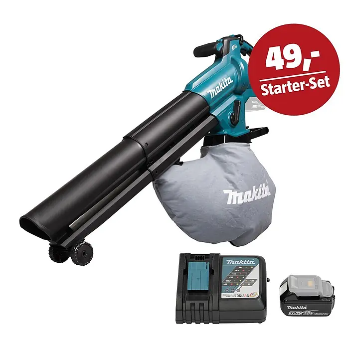 Makita LXT 18V Maschinen-Set - Akku-Laubsauger & -Laubbläser DUB187Z, Ladegerät & 3 Ah Akku - Makita Laubsauger/Gebläse (türkis/schwarz) mit Fangsack, Akku und Ladegerät.