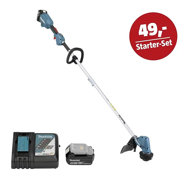 Makita LXT 18V Maschinen-Set - Akku-Rasentrimmer DUR192LRT1, Ladegerät & 3 Ah Akku - Makita Akku-Rasentrimmer, Ladegerät und 3.0Ah 18V Akku Starter-Set, mit rotem Preisschild "49,- Starter-Set".