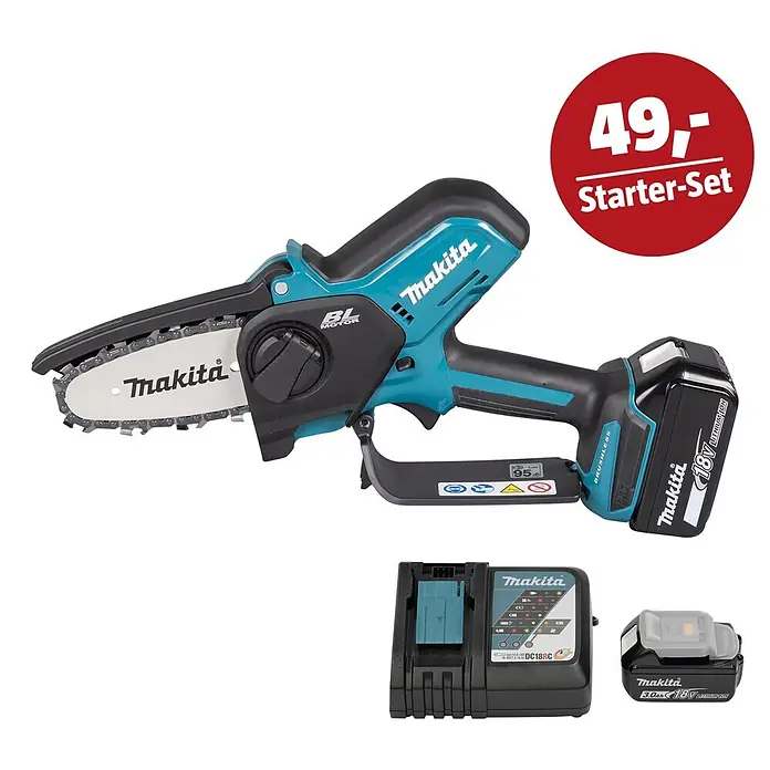 Makita LXT 18V Maschinen-Set - Akku-Astsäge DUC101RF01, Ladegerät & 3 Ah Akku - Makita Akku-Minikettensäge mit 18V-Akku, Ladegerät und rotem '49,- Starter-Set'-Etikett.