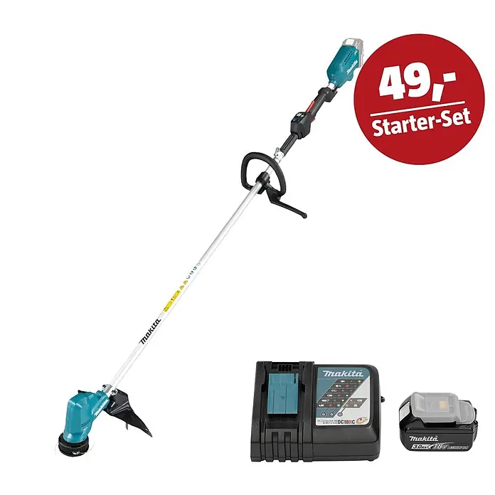 Makita LXT 18V Maschinen-Set - Akku-Rasentrimmer DUR190LZX9, Ladegerät & 3 Ah Akku - Makita Rasentrimmer-Starter-Set mit Akku und Ladegerät. Türkis und Schwarz.