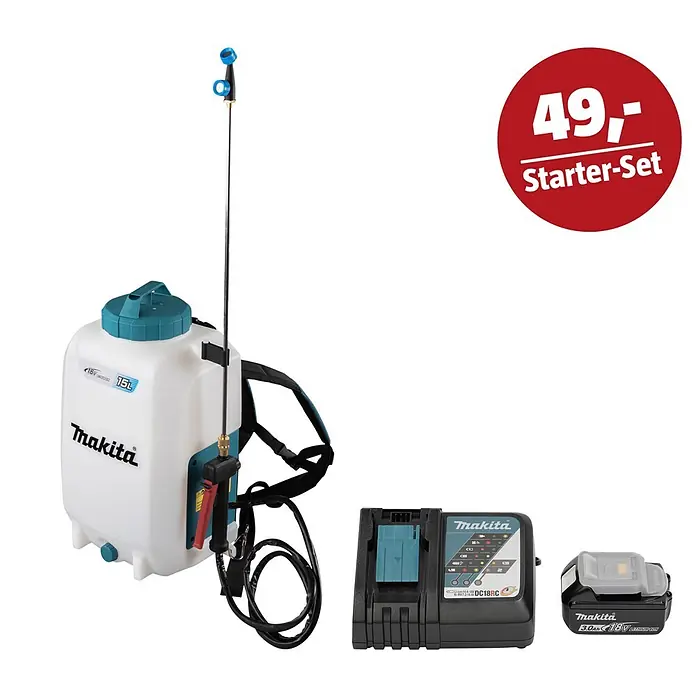Makita LXT 18V Maschinen-Set - Drucksprühgerät DUS 158Z, Ladegerät & 3 Ah Akku - Makita 15L Rucksackspritze (weiß/türkis) mit Schlauch, Lanze, Akku und Ladegerät. Rotes Preisschild: 49,- Starter-Set.