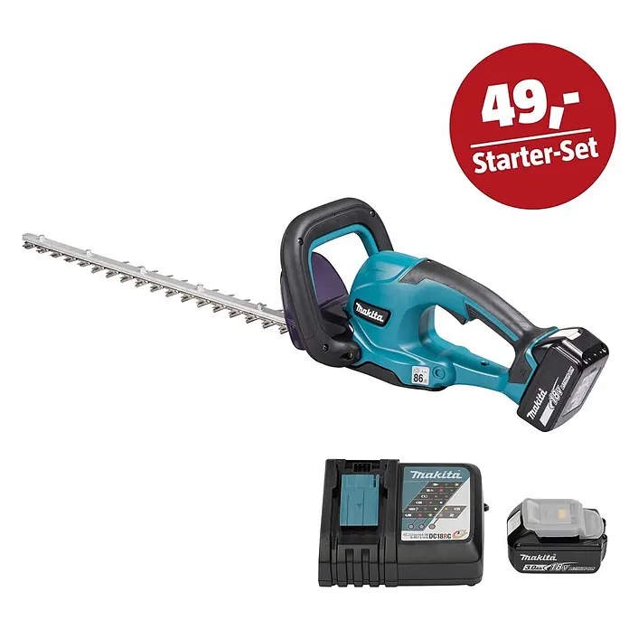 Makita LXT 18V Maschinen-Set - Akku-Heckenschere DUH507RF, Ladegerät & 3 Ah Akku - Makita Akku-Heckenschere Starter-Set mit blau-schwarzer Heckenschere, schwarzem Ladegerät und 18V Akku. Preis 49,-.