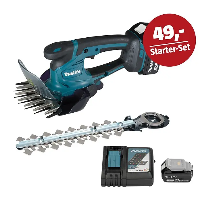 Makita LXT 18V Maschinen-Set - Akku-Gras- & Strauchschere DUM604RFX1, Ladegerät & 3 Ah Akku - Makita Akku-Gartenschere in Türkis/Schwarz mit Ersatzklinge, Akku und Ladegerät. Ein Starter-Set für den Garten.