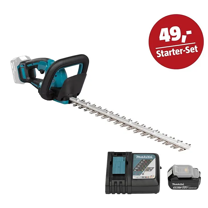 Makita LXT 18V Maschinen-Set - Akku-Heckenschere DUH506Z, Ladegerät & 3 Ah Akku - Makita Heckenscheren Starter-Set mit Akku und Ladegerät, inkl. rotem Aufkleber "49,- Starter-Set".