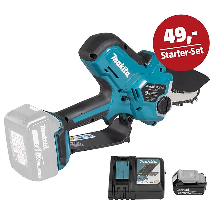 Makita LXT 18V Maschinen-Set - Akku-Astsäge DUC101Z, Ladegerät & 3 Ah Akku - Makita türkis-schwarzes 18V Akku-Minikettensägen-Set mit Akku und Ladegerät.