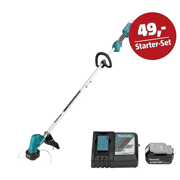 Makita LXT 18V Maschinen-Set - Akku-Rasentrimmer DUR192LZX1, Ladegerät & 3 Ah Akku - Makita Akku-Rasentrimmer Starter-Set mit blauem Trimmer, schwarzem Ladegerät und 18V 3.0Ah Akku. Beschriftet mit "49,- Starter-Set".