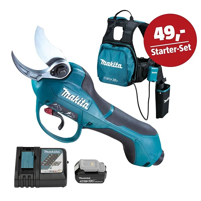 Makita LXT 18V Maschinen-Set - Akku-Astschere DUP362Z, Ladegerät & 3 Ah Akku - Makita Akku-Astschere in Türkis/Schwarz mit Akku, Ladegerät und Schultergurt mit Akkuhalterung.