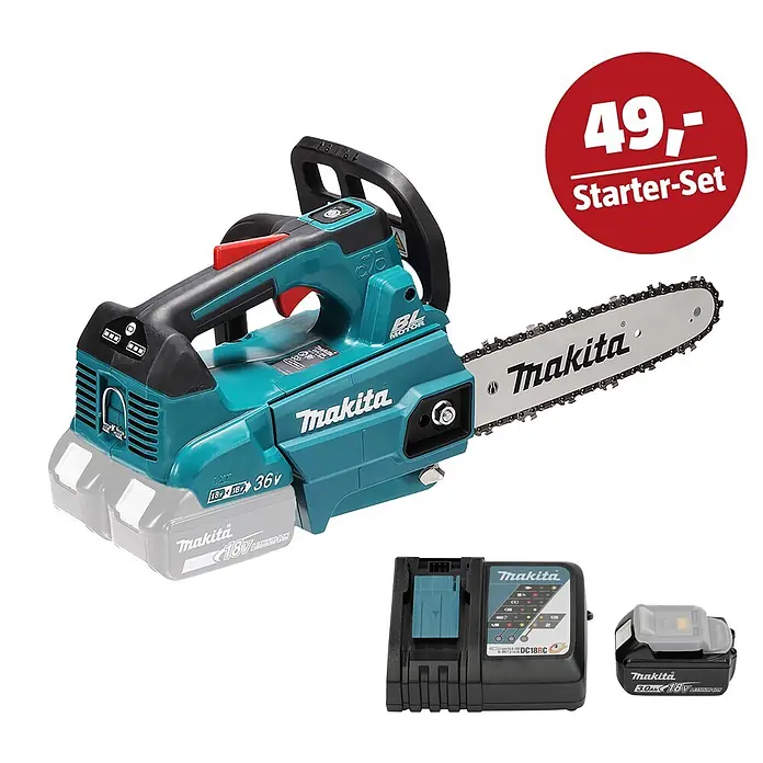 Makita LXT 18V Maschinen-Set - Akku-Kettensäge DUC256Z, Ladegerät & 3 Ah Akku - Türkise und schwarze Makita Akku-Kettensäge im Starter-Set mit Ladegerät, zwei Akkus und der Aufschrift '49,- Starter-Set'.