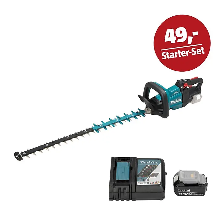Makita LXT 18V Maschinen-Set - Akku-Heckenschere DUH751Z, Ladegerät & 3 Ah Akku - Makita Heckenschere in Türkis und Schwarz mit Akku und Ladegerät, als Starter-Set für 49,- beworben.