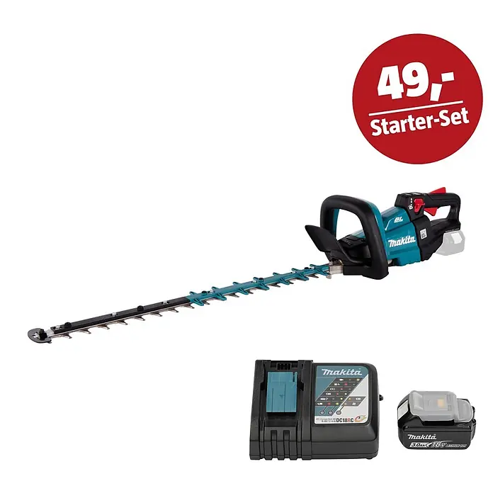 Makita LXT 18V Maschinen-Set - Akku-Heckenschere DUH601Z, Ladegerät & 3 Ah Akku - Makita Akku-Heckenschere (schwarz/türkis), Akku und Ladegerät-Set.