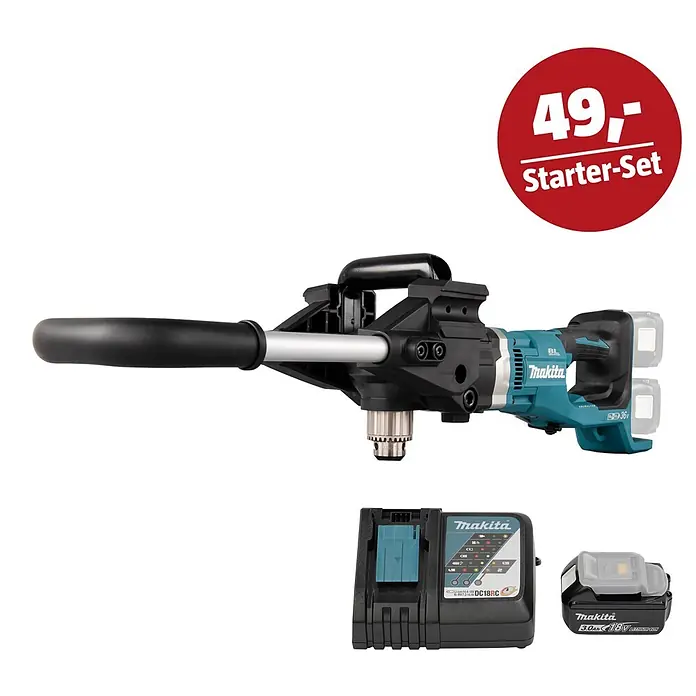 Makita LXT 18V Maschinen-Set - Akku-Erdbohrer DDG460ZX7, Ladegerät & 3 Ah Akku - Ein Makita Akku-Rührgerät in Türkis und Schwarz, mit zwei 18V Akkus und einem Ladegerät, als Starter-Set.