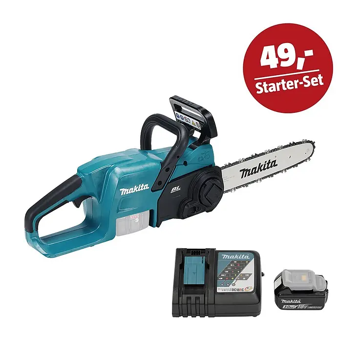 Makita LXT 18V Maschinen-Set - Akku-Kettensäge DUC307, Ladegerät & 3 Ah Akku - Türkisfarbene und schwarze Makita Akku-Kettensäge, Akku und Ladegerät. Inkl. '49,- Starter-Set'.