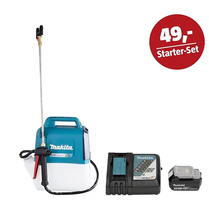 Makita LXT 18V Maschinen-Set - Drucksprühgerät DUS054Z, Ladegerät & 3 Ah Akku - Makita 18V 5L Akku-Sprühgerät mit Ladegerät und 3.0Ah Akku. Starter-Set für 49,-.