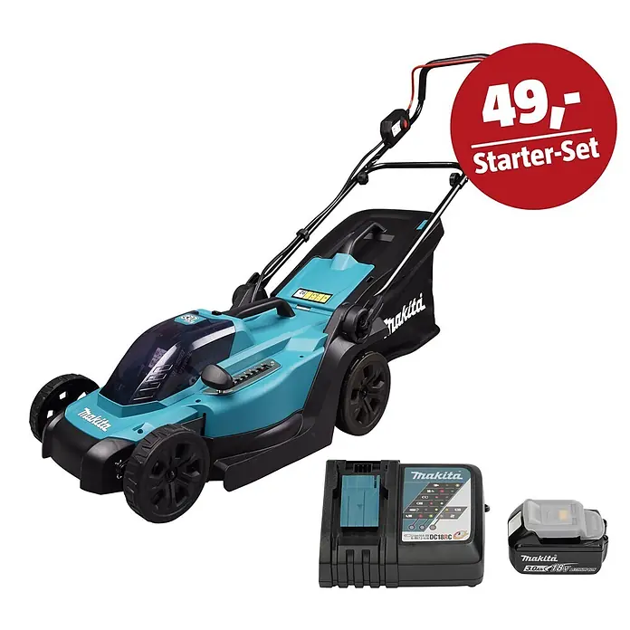 Makita LXT 18V Maschinen-Set - Akku-Rasenmäher DLM330Z, Ladegerät & 3 Ah Akku - Ein türkiser Makita Akku-Rasenmäher mit Ladegerät und Akku.