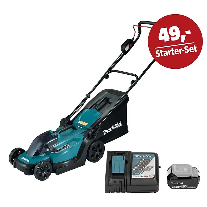 Makita LXT 18V Maschinen-Set - Akku-Rasenmäher DLM330RM, Ladegerät & 3 Ah Akku - Makita Akku-Rasenmäher Starter-Set mit Akku und Ladegerät, Preis: 49,-.