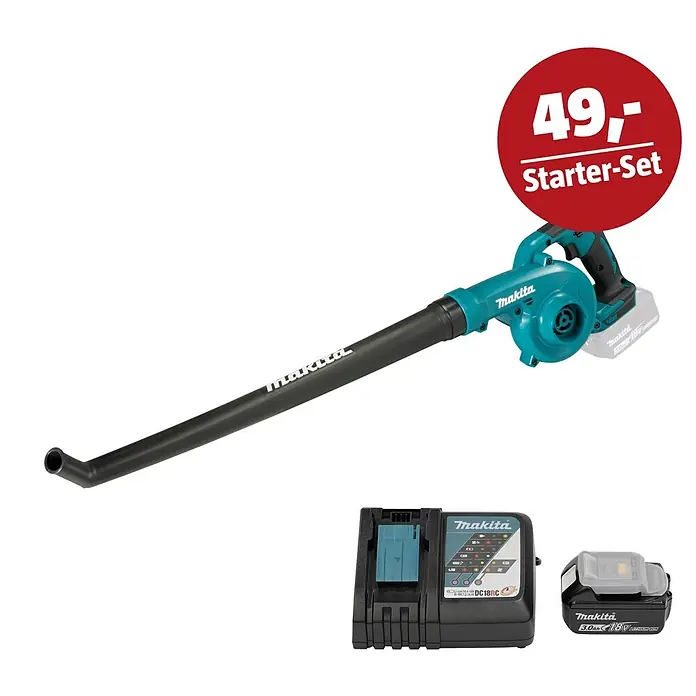 Makita LXT 18V Maschinen-Set - Akku-Gebläse DUB186Z, Ladegerät & 3 Ah Akku - Makita Akku-Gebläse Starter-Set: blau-schwarzer Bläser, Akku und Ladegerät. Preis 49,-.