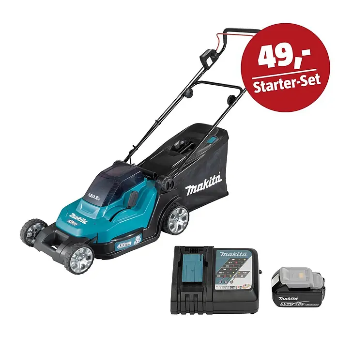 Makita LXT 18V Maschinen-Set - Akku-Rasenmäher DLM432Z, Ladegerät & 3 Ah Akku - Makita Akku-Rasenmäher in Türkis/Schwarz mit Ladegerät, Akku und rotem Kreis mit '49,- Starter-Set'.