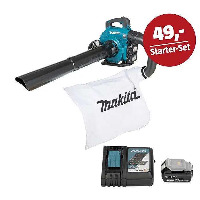 Makita LXT 18V Maschinen-Set - Akku-Laubbläser DUB363PT2V, Ladegerät & 3 Ah Akku - Makita türkis-schwarzer Laubbläser mit weißem Fangsack, schwarzem Ladegerät, 18V Akku und rotem "49,- Starter-Set" Aufkleber.