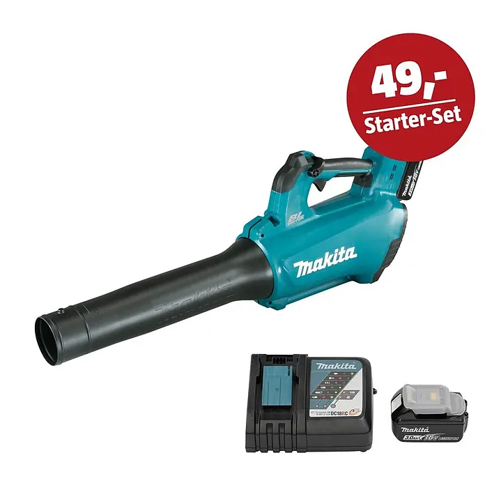 Makita LXT 18V Maschinen-Set - Akku-Gebläse DUB184RF, Ladegerät & 3 Ah Akku - Türkis-schwarzer Makita Laubbläser mit Ladegerät und 18V Akku. Rotes Preisschild "49,- Starter-Set".