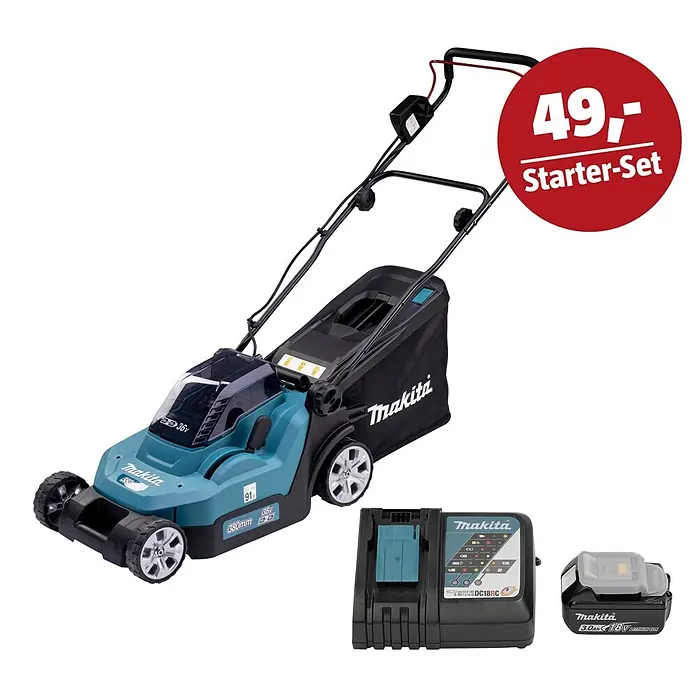 Makita LXT 18V Maschinen-Set - Akku-Rasenmäher DLM382Z, Ladegerät & 3 Ah Akku - Makita 36V Akku-Rasenmäher (Türkis/Schwarz) mit 18V Akku und Ladegerät, als Starter-Set angeboten.