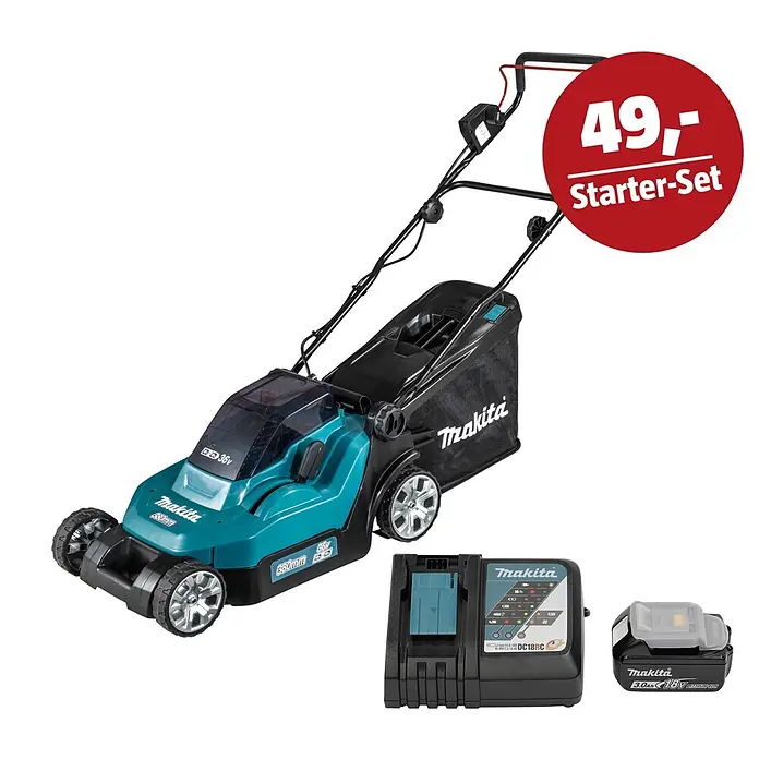 Makita LXT 18V Maschinen-Set - Akku-Rasenmäher DLM382PM2, Ladegerät & 3 Ah Akku - Makita Akku-Rasenmäher (türkis/schwarz) mit Ladegerät und Akku, beworben als "49,- Starter-Set".