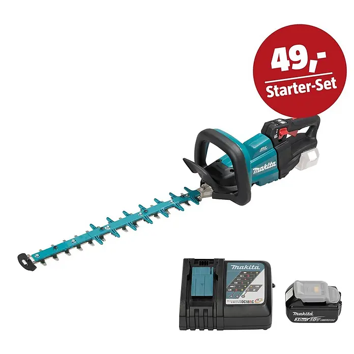 Makita LXT 18V Maschinen-Set - Akku-Heckenschere DUH502Z, Ladegerät & 3 Ah Akku - Makita Akku-Heckenschere in Türkis und Schwarz, mit Akku und Ladegerät.