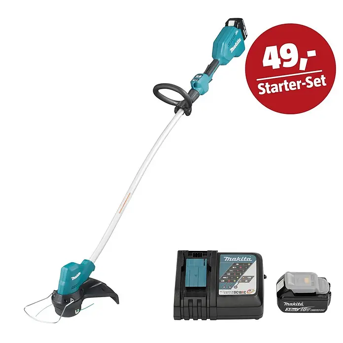Makita LXT 18V Maschinen-Set - Akku-Rasentrimmer DUR189RF, Ladegerät & 3 Ah Akku - Makita 18V Akku-Rasentrimmer Starter-Set in Türkis-Schwarz mit Akku und Ladegerät.