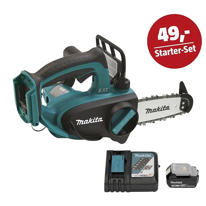 Makita LXT 18V Maschinen-Set - Akku-Kettensäge DUC122Z, Ladegerät & 3 Ah Akku - Makita Akku-Kettensägen Starter-Set in Grün-Schwarz mit Akku, Ladegerät und 49,- Preisetikett.