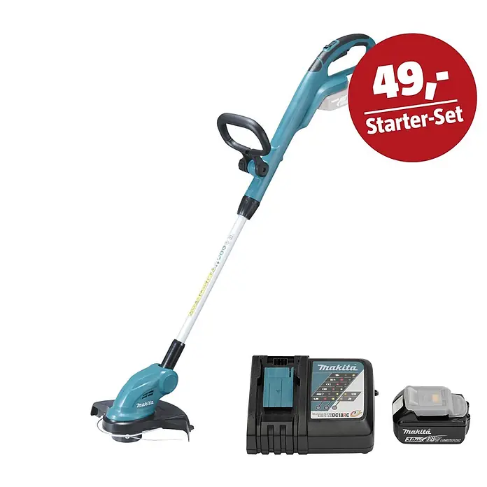 Makita LXT 18V Maschinen-Set - Akku-Rasentrimmer DUR181Z, Ladegerät & 3 Ah Akku - Makita blauer und schwarzer Akku-Rasentrimmer, Ladegerät und 18V Akku, als Starter-Set.