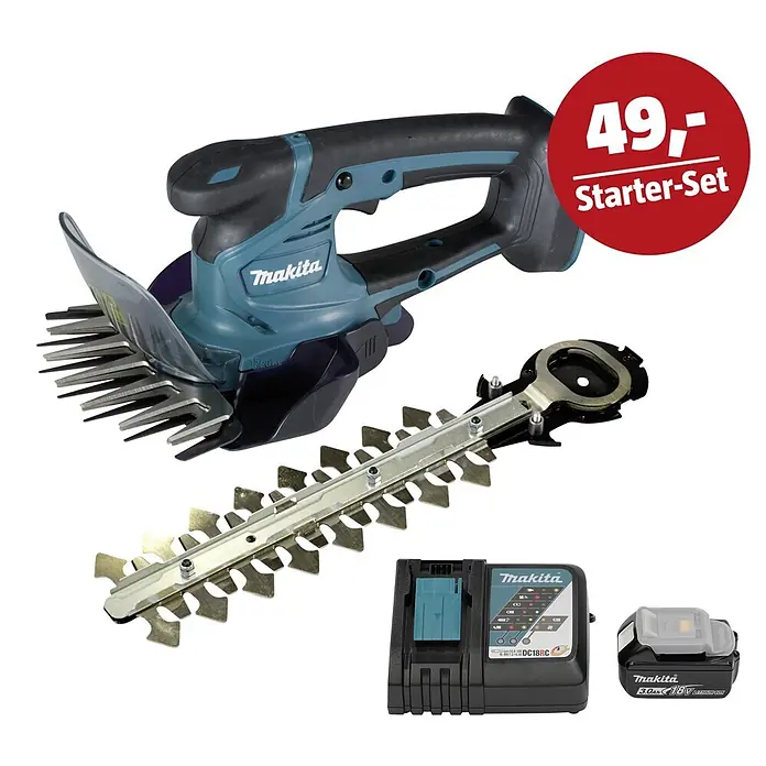 Makita LXT 18V Maschinen-Set - Akku-Gras- & Strauchschere DUM604ZX, Ladegerät & 3 Ah Akku - Makita 18V Akku-Grasschere mit Heckenscherenaufsatz, Akku, Ladegerät und rotem "Starter-Set"-Label, in Türkis und Schwarz.