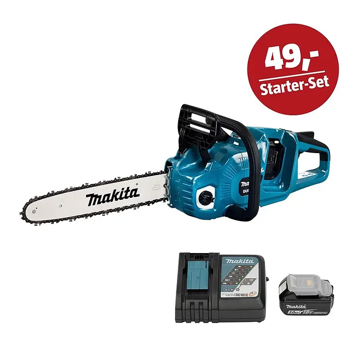 Makita LXT 18V Maschinen-Set - Akku-Kettensäge DUC353Z, Ladegerät & 3 Ah Akku - Makita blaue/schwarze Akku-Kettensäge, Akku und Ladegerät, mit rotem "49,- Starter-Set" Etikett.