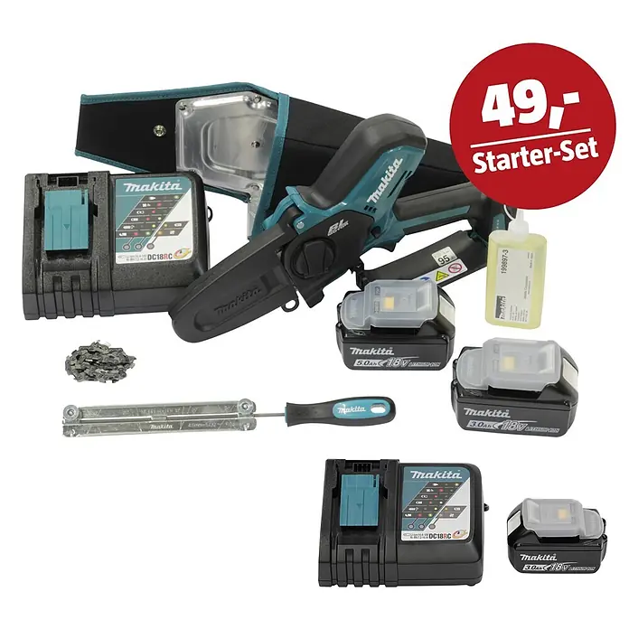 Makita LXT 18V Maschinen-Set - Einhand-Akku-Kettensäge Set DUC101RX06, Ladegerät & 3 Ah Akku - Makita Kettensägen-Starterset mit blauer Kettensäge, zwei Akkus, Ladegeräten, Öl, Kette und Schärfwerkzeugen.