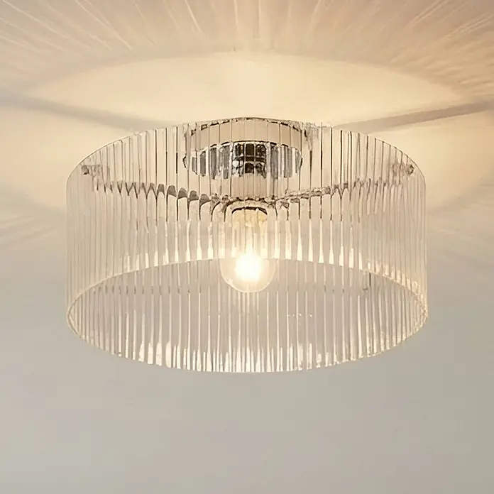Lucande Deckenlampe in transparent, chrom, Deckenleuchte -  - Deckenleuchte mit geriffeltem, durchsichtigem Zylinder, Chromsockel und leuchtender Glühbirne.