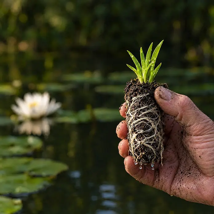 Blaue Sumpf-Schwertlilie Iris Kaempferi Teich - 4 Pflanzen mit Korb & -  - Hand hält kleine Pflanze mit freiliegenden Wurzeln und Erde, tropft Wasser, zur Wasserpflanzung.